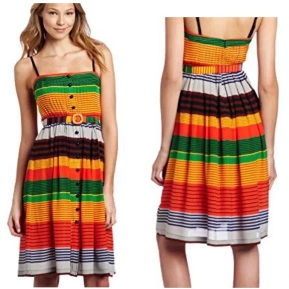ANTHRO TRACY REESE |Vibrant Multicolored Rainbow Striped Silk Pleated Dress Sz 6 - Picture 1 of 12